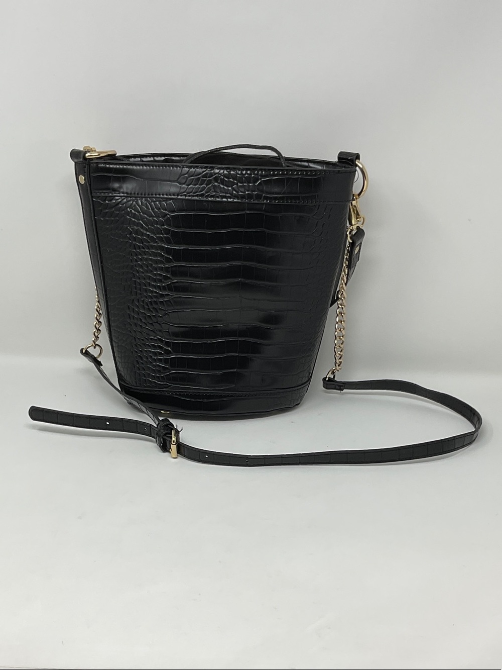 INC International Concepts Black Croc-Embossed Bucket Crossbody with Gold Chain